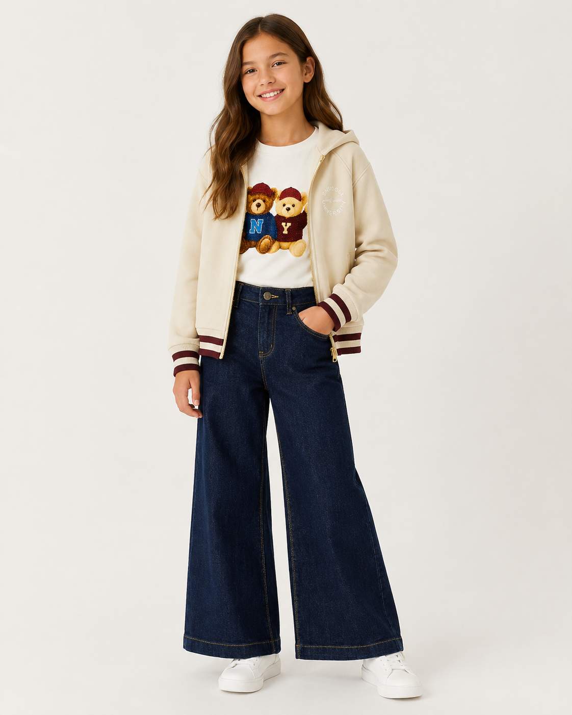 Felpa ragazza Sarabanda full zip ecrù con cappuccio