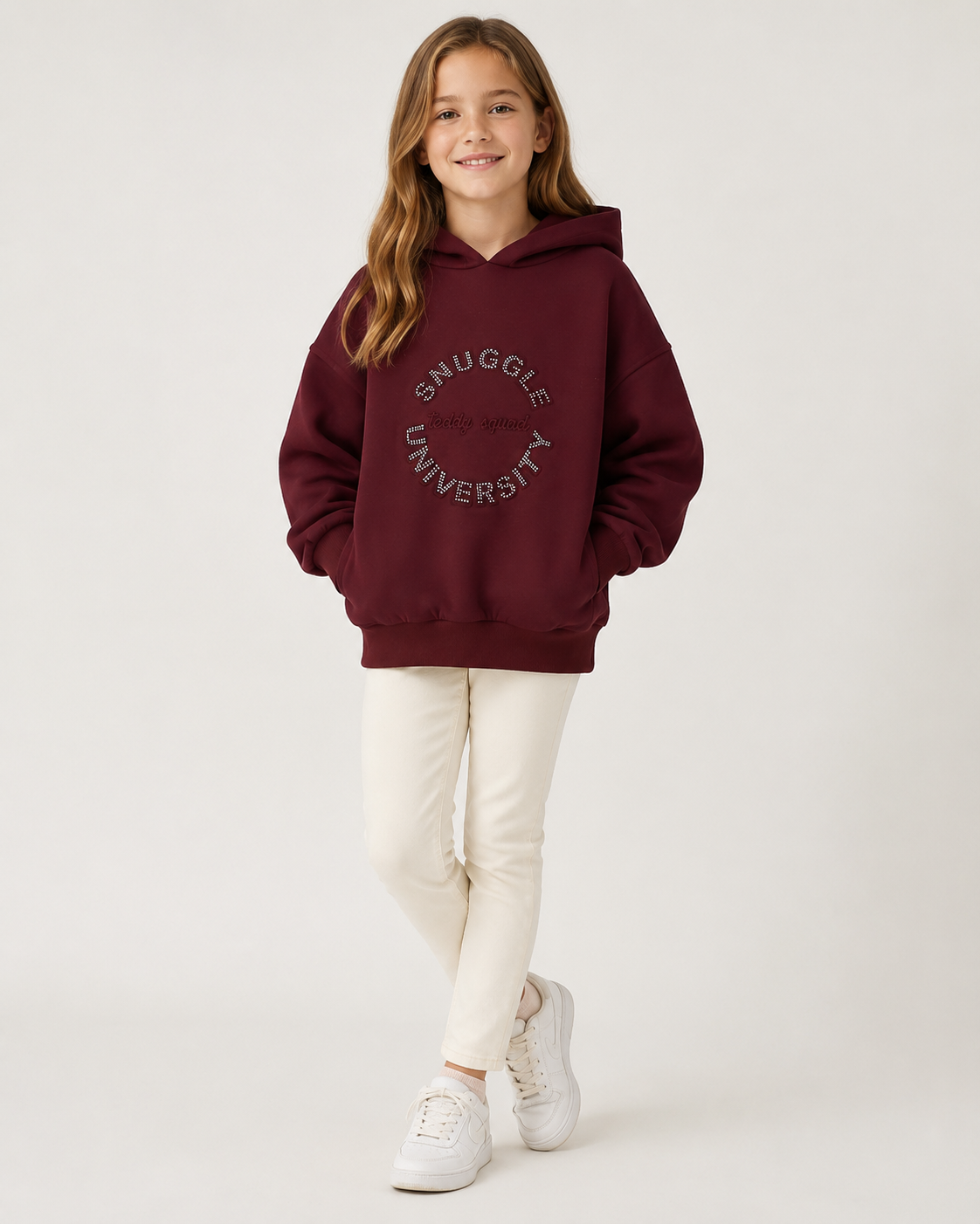 Felpa con cappuccio ragazza Sarabanda burgundy con strass