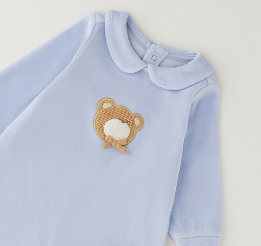 Tutina neonato Minibanda in ciniglia azzurra con orsetto