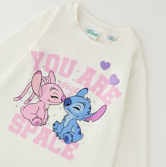 Maglia bambina Stitch e Angel panna a maniche lunghe