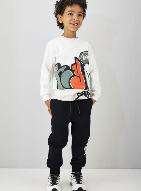 Sarabanda Tuta Bambino con Felpa Stampata Off White e Pantalone Nero