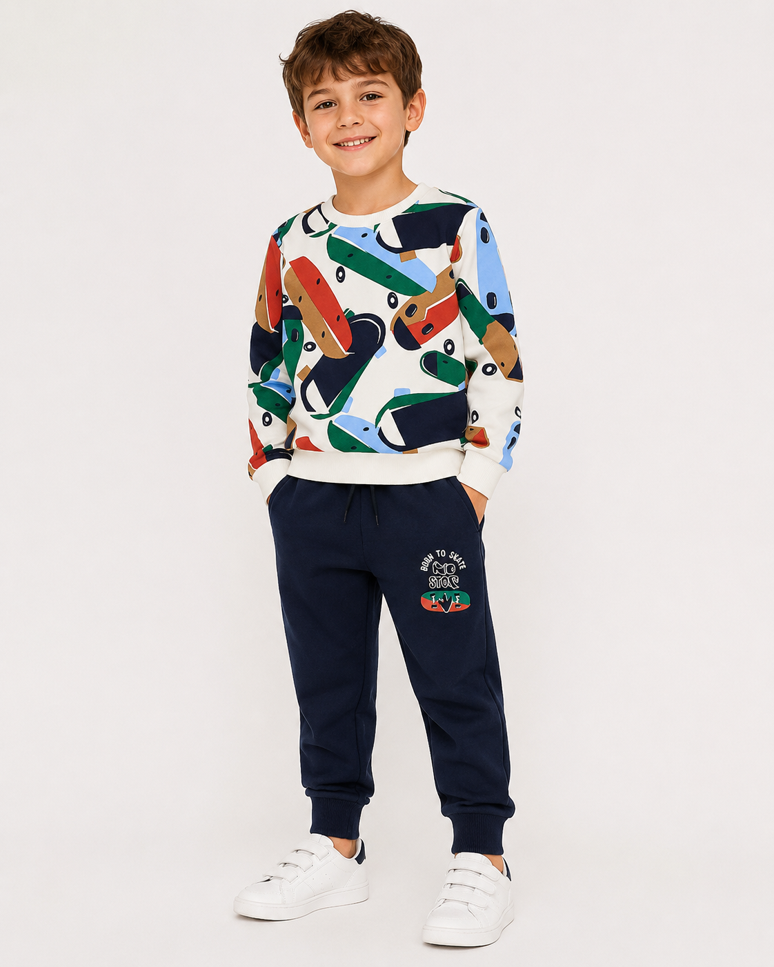 Tuta bambino Sarabanda con fantasia skateboard – Panna e blu
