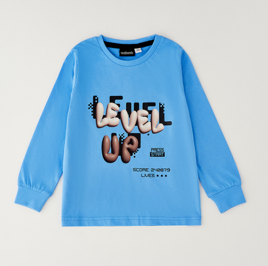 Maglia bambino Sarabanda in jersey con stampa Level Up – Azzurro