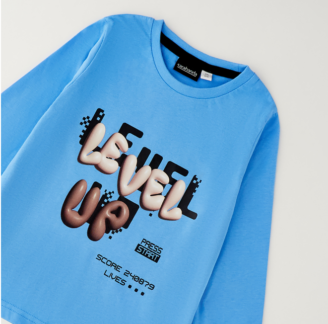 Maglia bambino Sarabanda in jersey con stampa Level Up – Azzurro