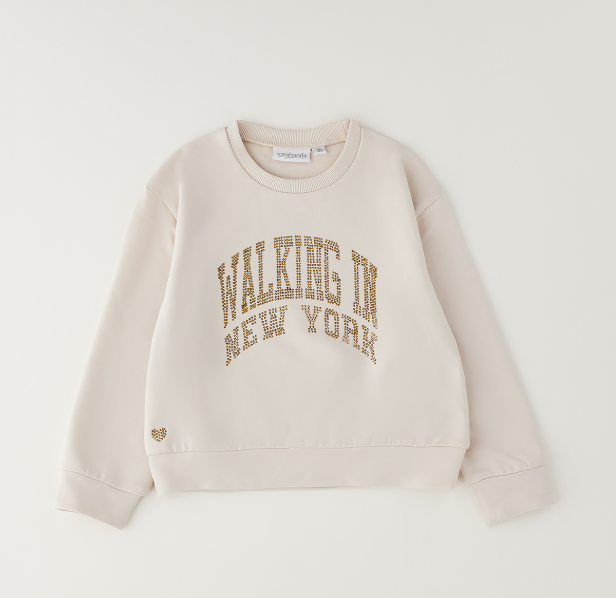 Sarabanda Felpa Bambina Color Sand con Applicazione Strass “Walking in New York”