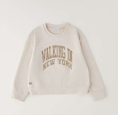 Sarabanda Felpa Bambina Color Sand con Applicazione Strass “Walking in New York”
