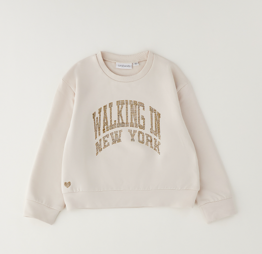 Sarabanda Felpa Bambina Color Sand con Applicazione Strass “Walking in New York”