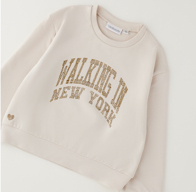 Sarabanda Felpa Bambina Color Sand con Applicazione Strass “Walking in New York”
