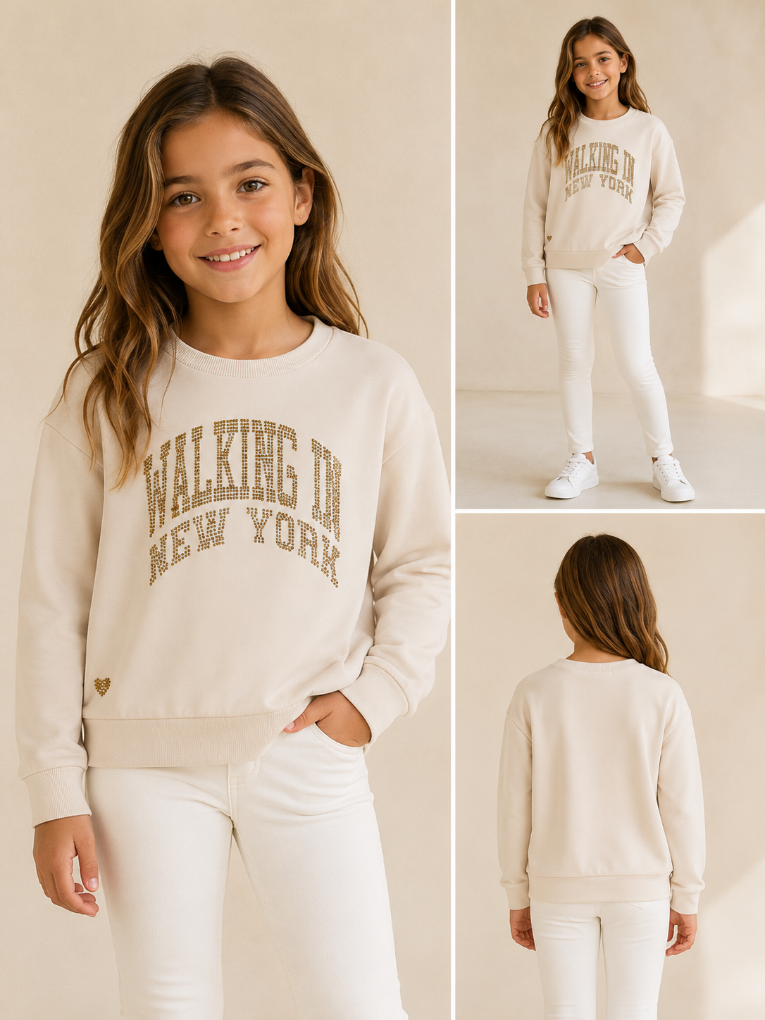 Sarabanda Felpa Bambina Color Sand con Applicazione Strass “Walking in New York”
