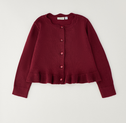 Cardigan bambina Sarabanda in tricot color prugna con volant