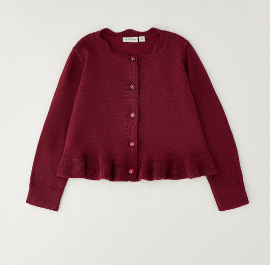 Cardigan bambina Sarabanda in tricot color prugna con volant