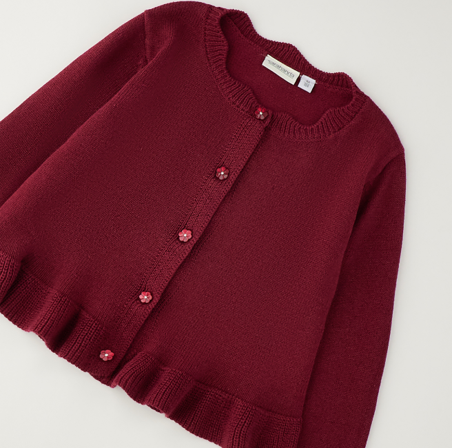 Cardigan bambina Sarabanda in tricot color prugna con volant
