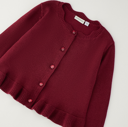 Cardigan bambina Sarabanda in tricot color prugna con volant
