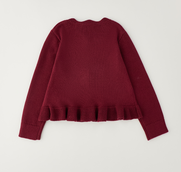 Cardigan bambina Sarabanda in tricot color prugna con volant