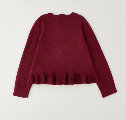 Cardigan bambina Sarabanda in tricot color prugna con volant