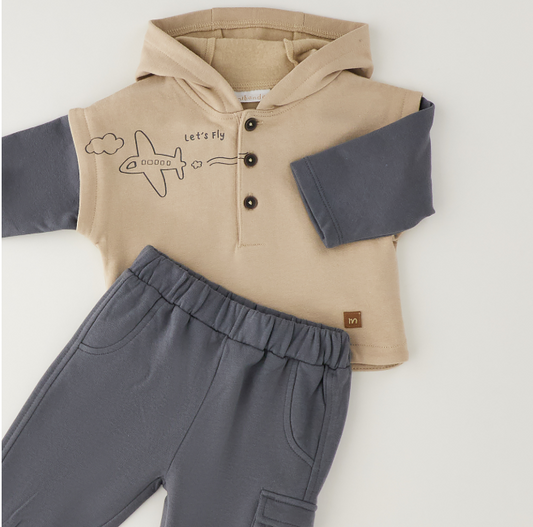 Minibanda Completo Neonato Beige e Grigio con Cappuccio