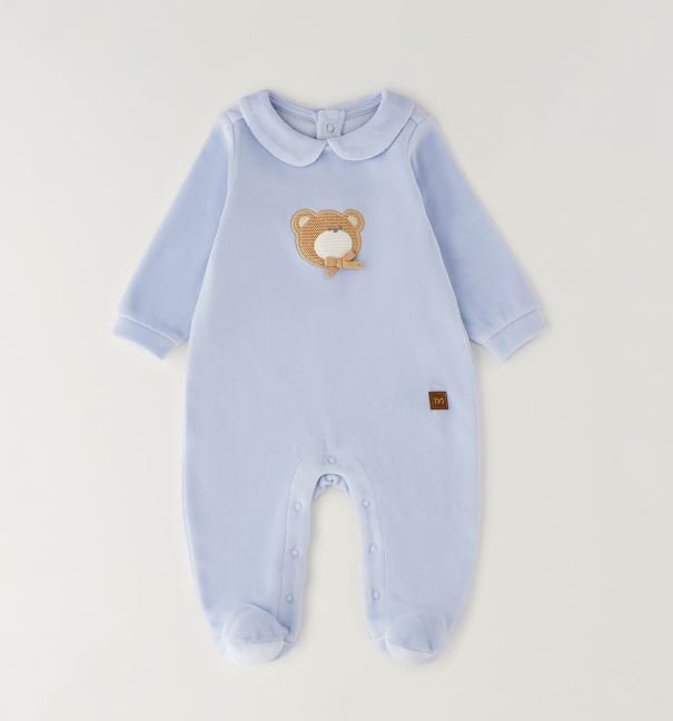 Tutina neonato Minibanda in ciniglia azzurra con orsetto