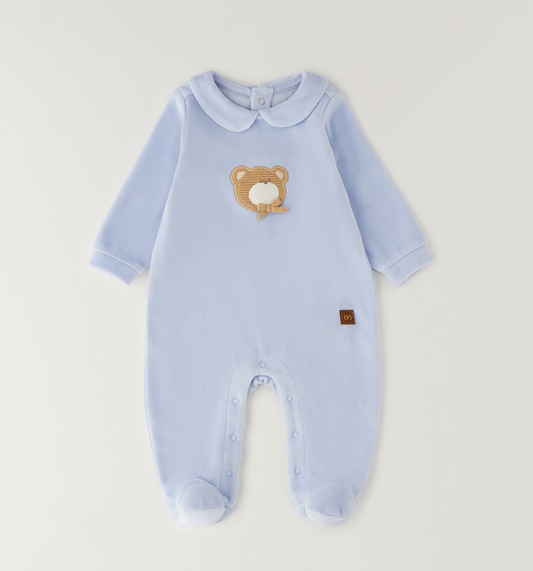 Tutina neonato Minibanda in ciniglia azzurra con orsetto