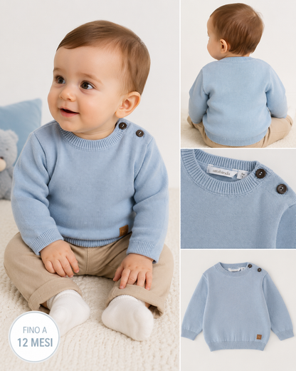 Maglione bimbo 100% cotone Sarabanda celeste con bottoni sulla spalla
