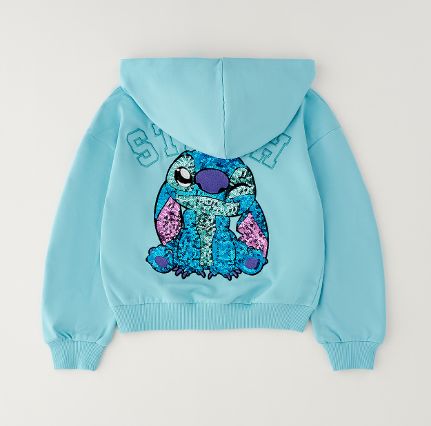 Felpa bambina Stitch verde acqua con zip e cappuccio by Sarabanda