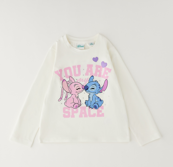 Maglia bambina Stitch e Angel panna a maniche lunghe