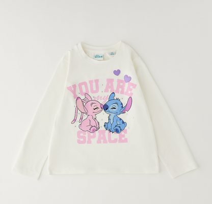 Maglia bambina Stitch e Angel panna a maniche lunghe
